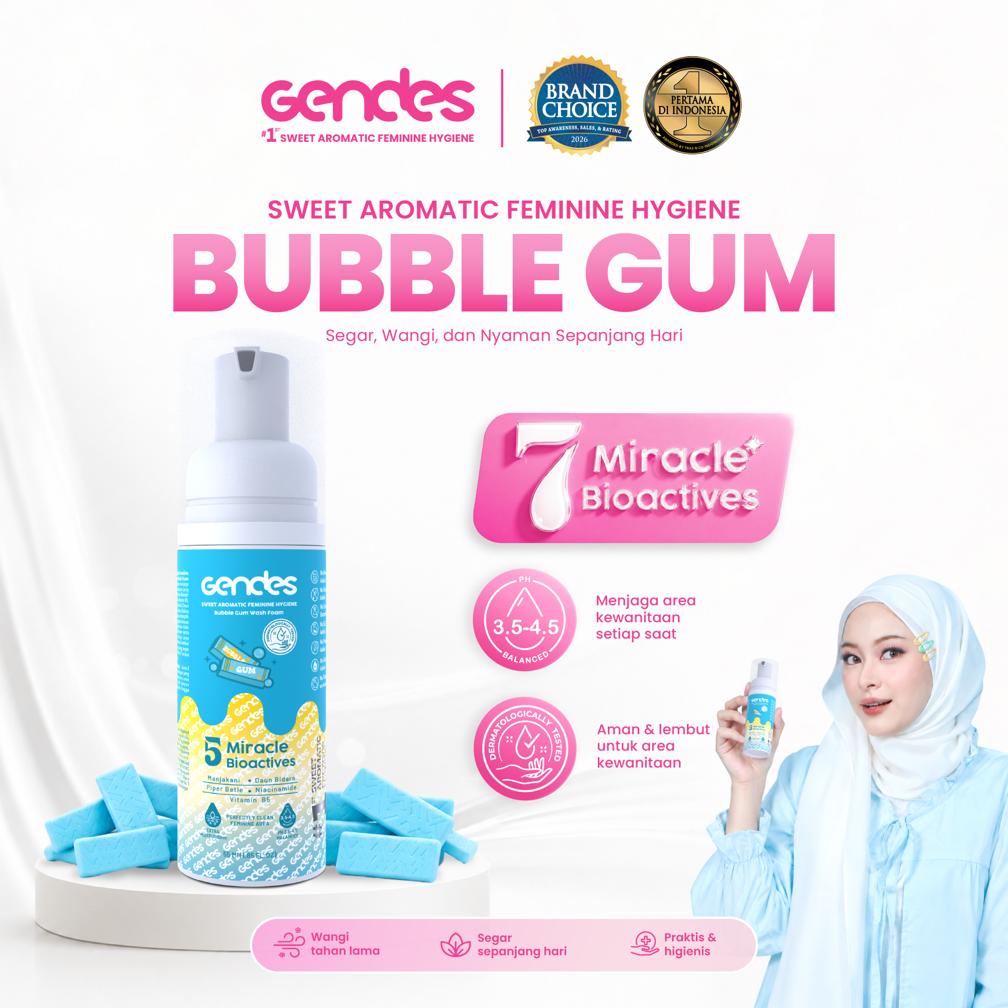 Gendes Sweet Aromatic Feminine Hygiene Bubble Gum Wash Foam, 55 ml