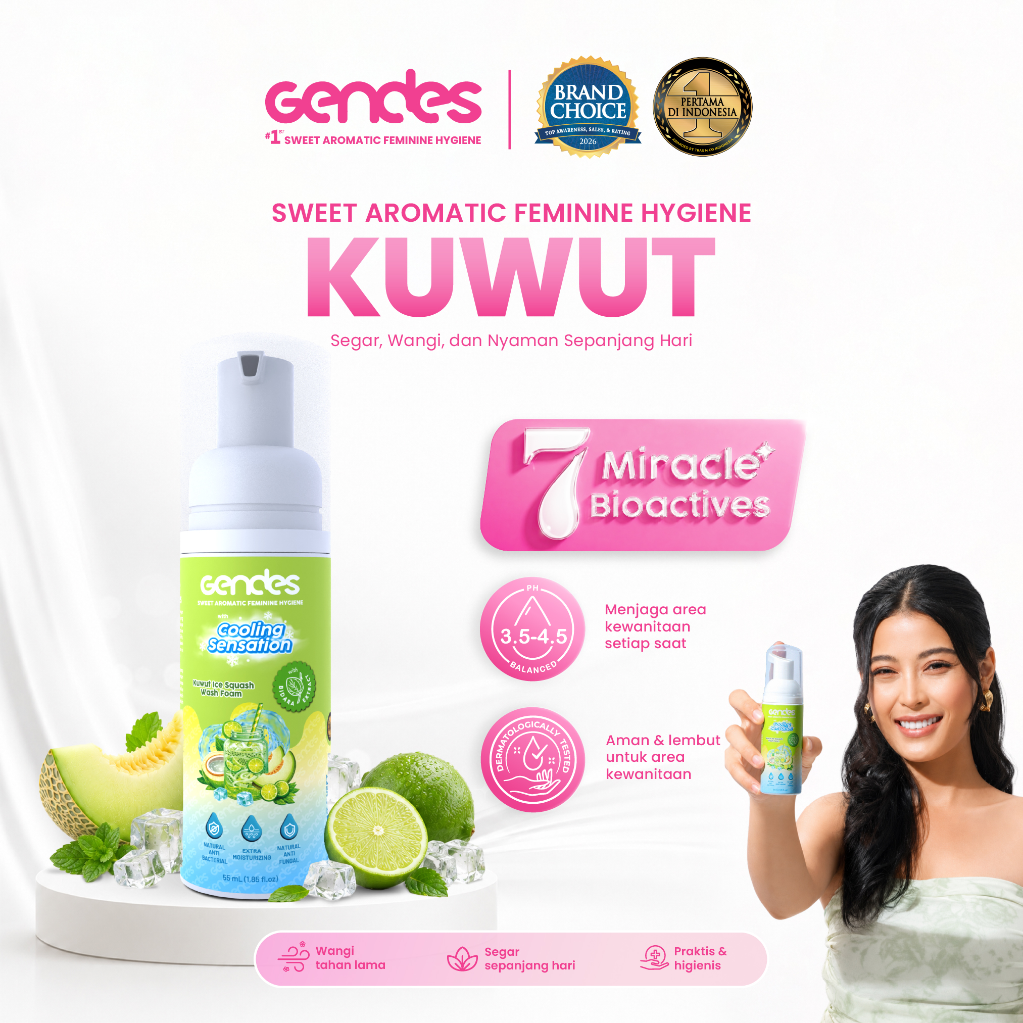 Gendes Sweet Aromatic Feminine Hygiene Kuwut Ice Squash Wash Foam, 55 mL