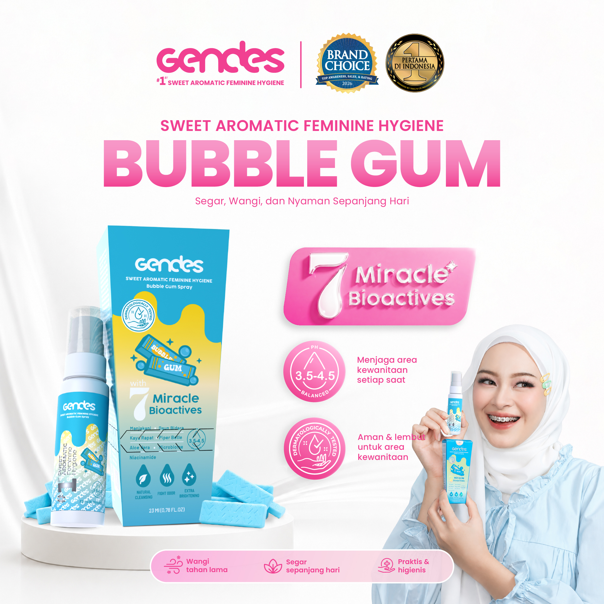 Gendes Sweet Aromatic Feminine Hygiene Bubble Gum Spray, 23 ml