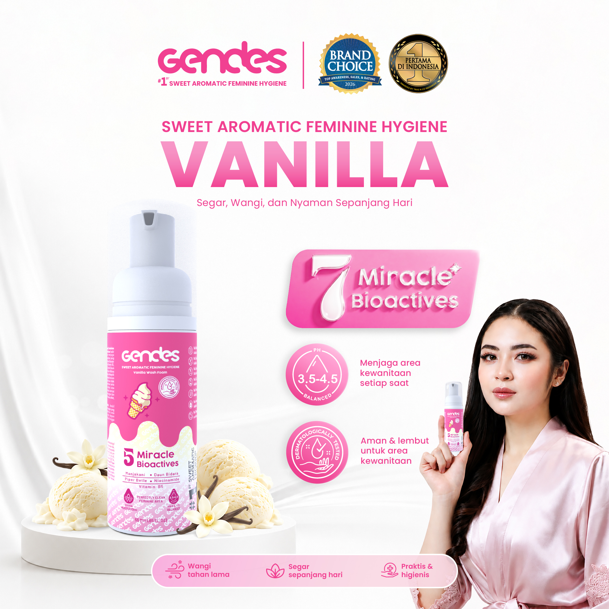 Gendes Sweet Aromatic Feminine Hygiene Vanilla Wash Foam, 55 ml
