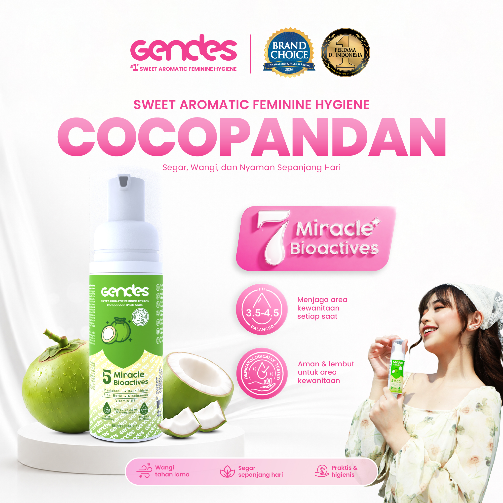 Gendes Sweet Aromatic Feminine Hygiene Cocopandan Wash Foam, 55 ml