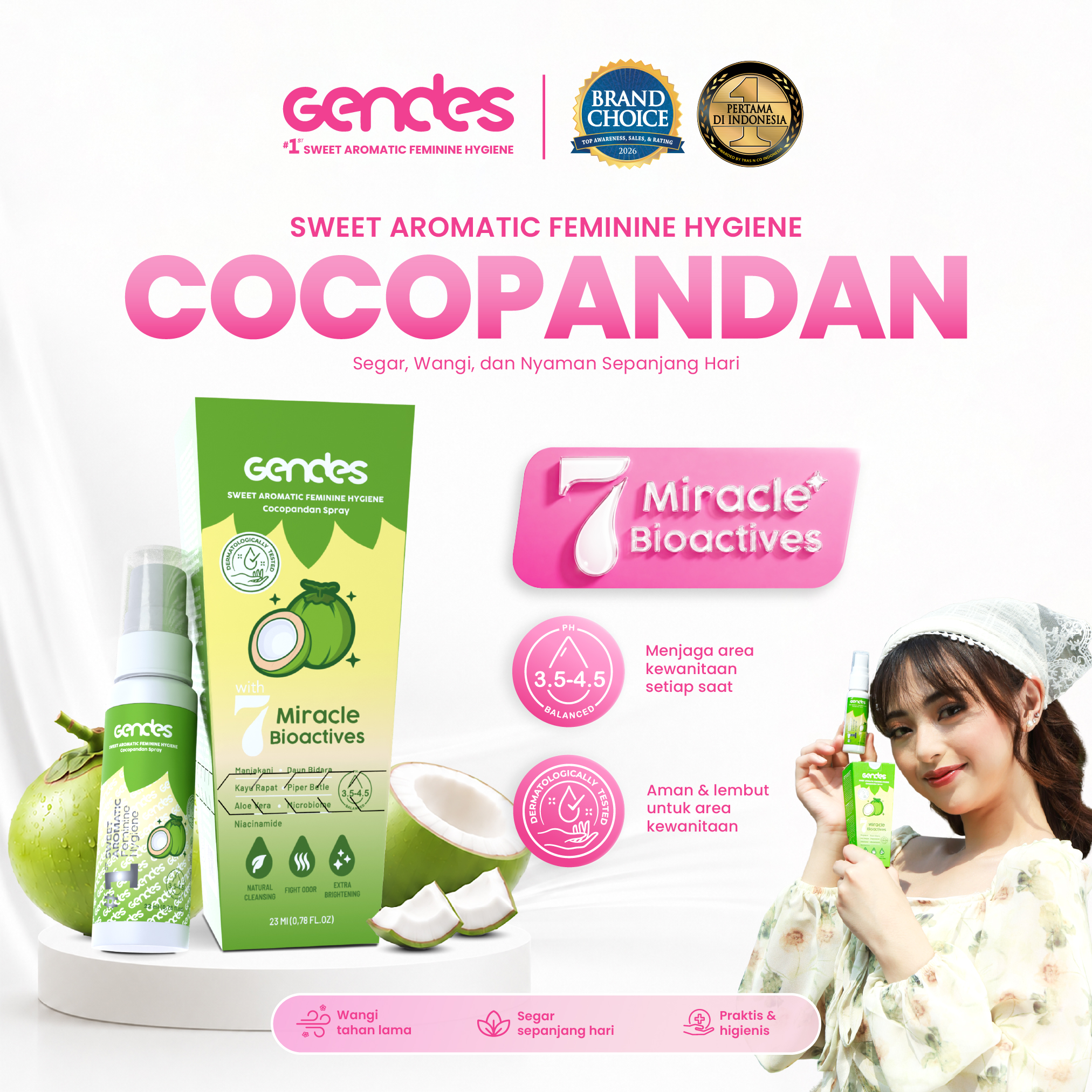 Gendes Sweet Aromatic Feminine Hygiene Cocopandan Spray, 23 ml