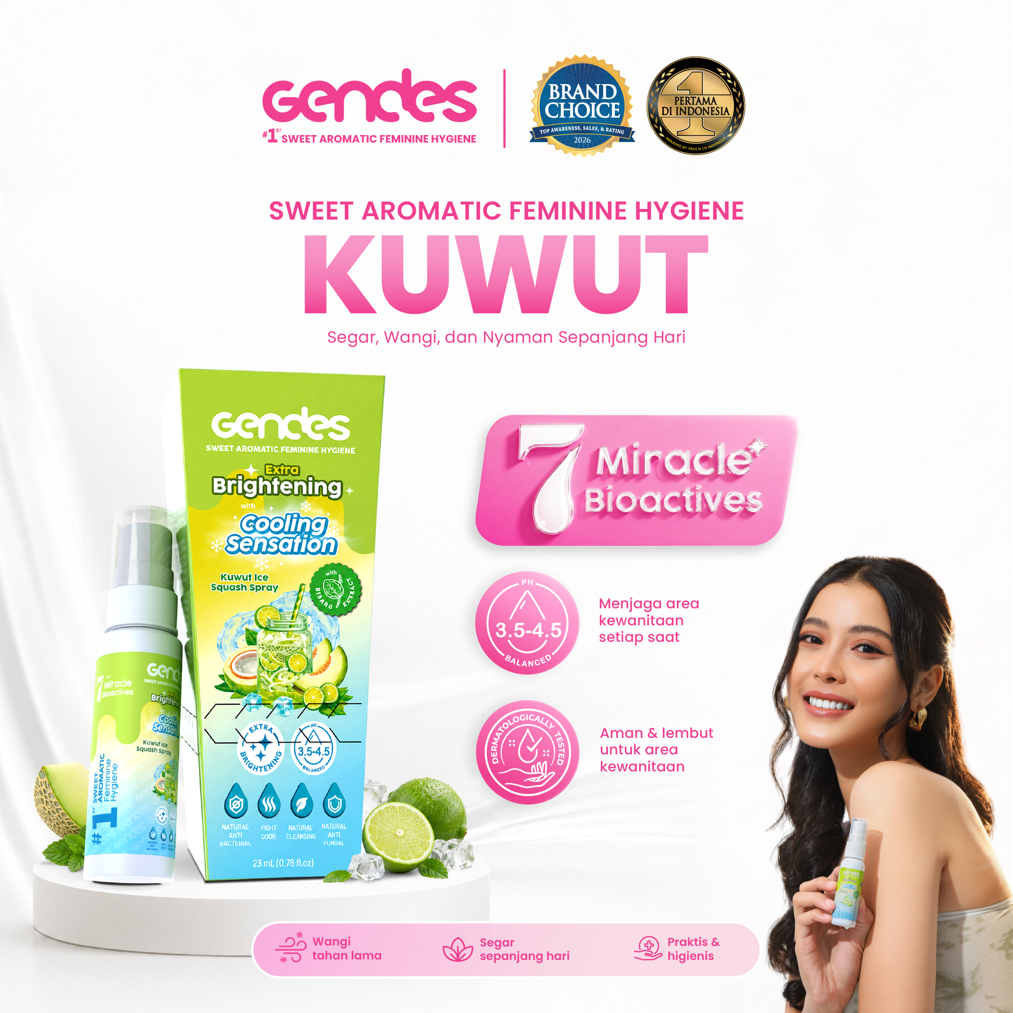 Gendes Sweet Aromatic Feminine Hygiene Kuwut Ice Squash Spray, 23 ml